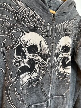 NWT Affliction Gray Skull Graphic Zip Hoodie